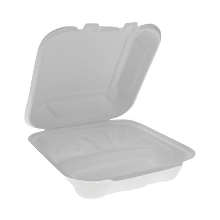 PACTIV Bagasse Hinged Lid Container, 7.8 x 7.8 x 2.8, 3-Comp, Natural, PK150 YMCH08030001